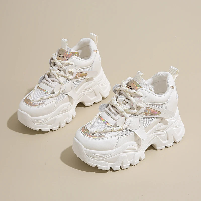 Breathable Chunky White Sneakers for Women Fashion Laser Thick Bottom Vulcanize Shoes Woman 2025 Lace Up Platform Running Shoes