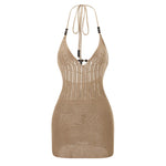 Women Backless Halter Mini Dress Casual Summer Knit Crochet Cutout Bodycon Party Dress for Beach Club Streetwear