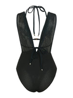 S - XL Deep V Neck Knit Fishnet Mesh One Piece Swimsuit Women Swimwear Female Backless Monokini High Leg Cut Bathing Suit Swim