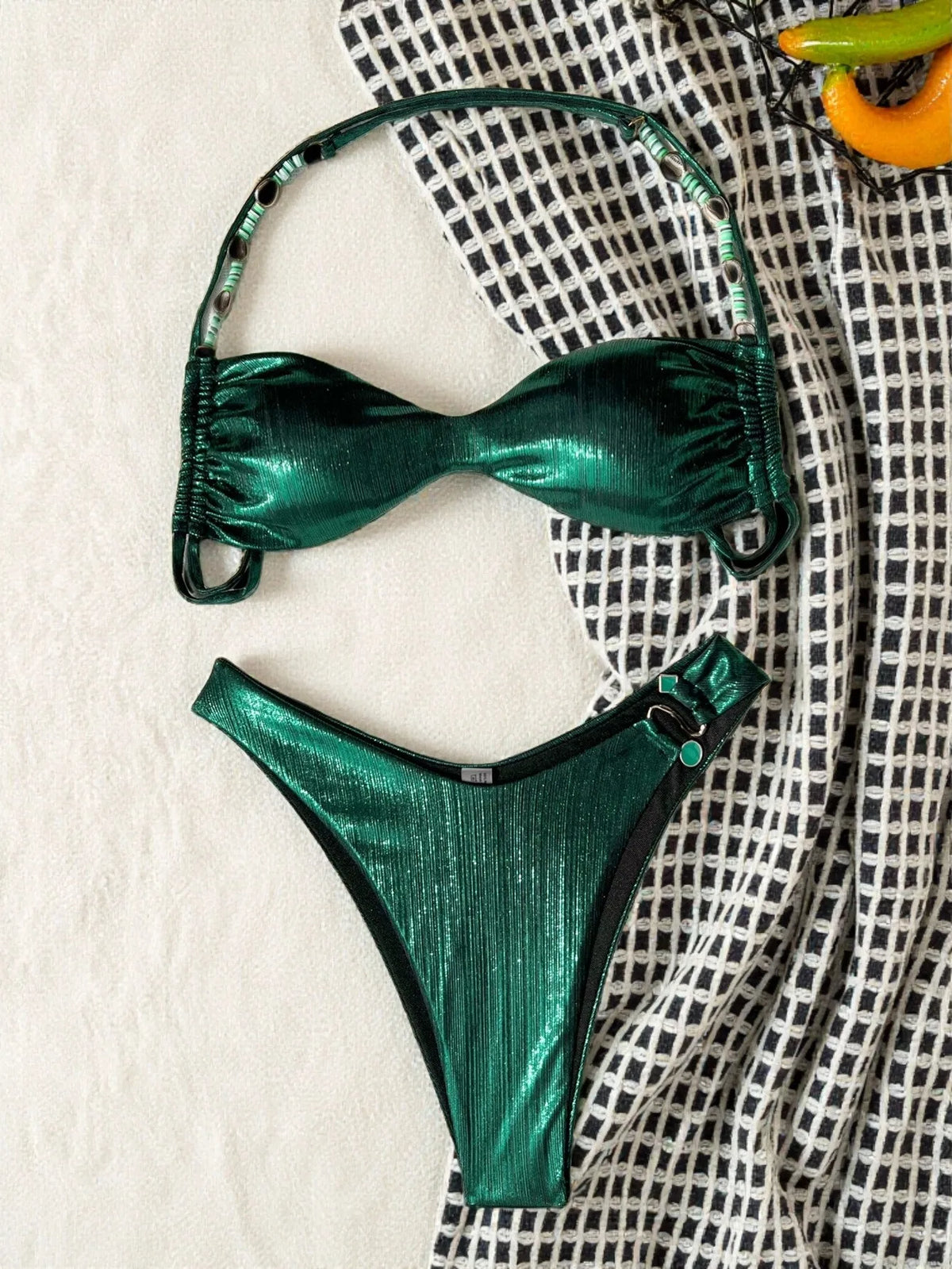 sexy metallic green glitter beads halter bikinis sets two pieces women micro thong swimsuit female bathing suit swimwear biquini