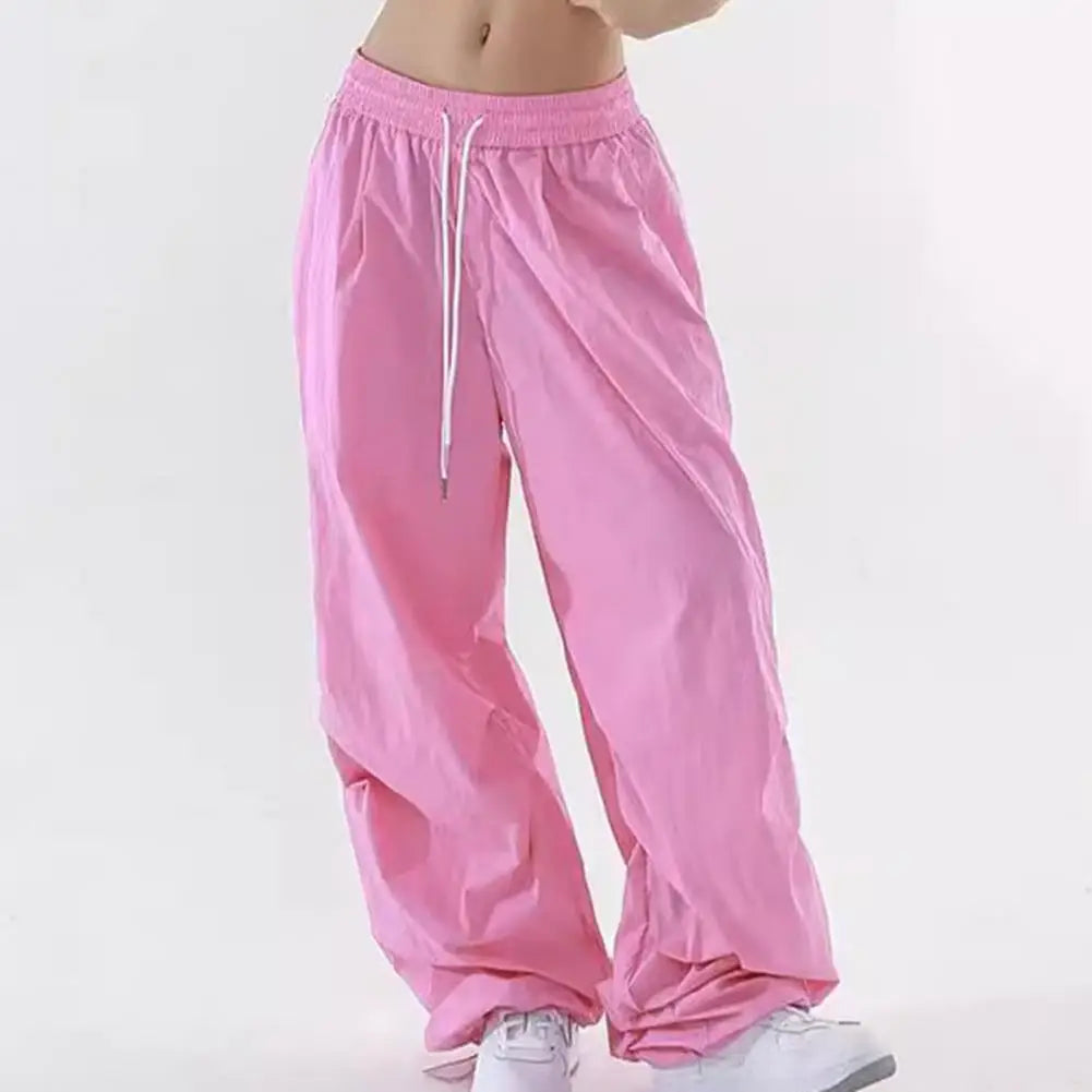 Women Sport Pants Wide Leg Elastic Waist Adjustable Drawstring Long Pants Solid Color Leisure Travel Cargo Trousers
