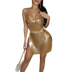 Women Glitter Sexy Dress Sleeveless Backless Halter Low Cut Split Short Dress See Through Party Club Sexy Dresses Female Summer