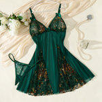 Pure Desire Style Green Lace Nightgown Set–See-Through Mesh, Spaghetti Strap,Backless Design,Romantic Sleepwear for Her ZA824071