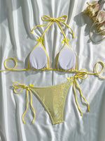 Shiny Brozing Neon Yellow Micro Bikini 2026 Women Sexy Bow Strap Push Up Bra Tie Side Thong Swimsuit Pool Bathing SuitSwimwear