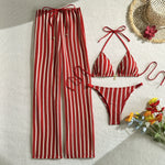 DEKA Vintage Red Striped Bikini Set Women Thong Swimwear Drawstring Long Panties 3 Piece Swimsuit Beach Holiday Bathing Suit