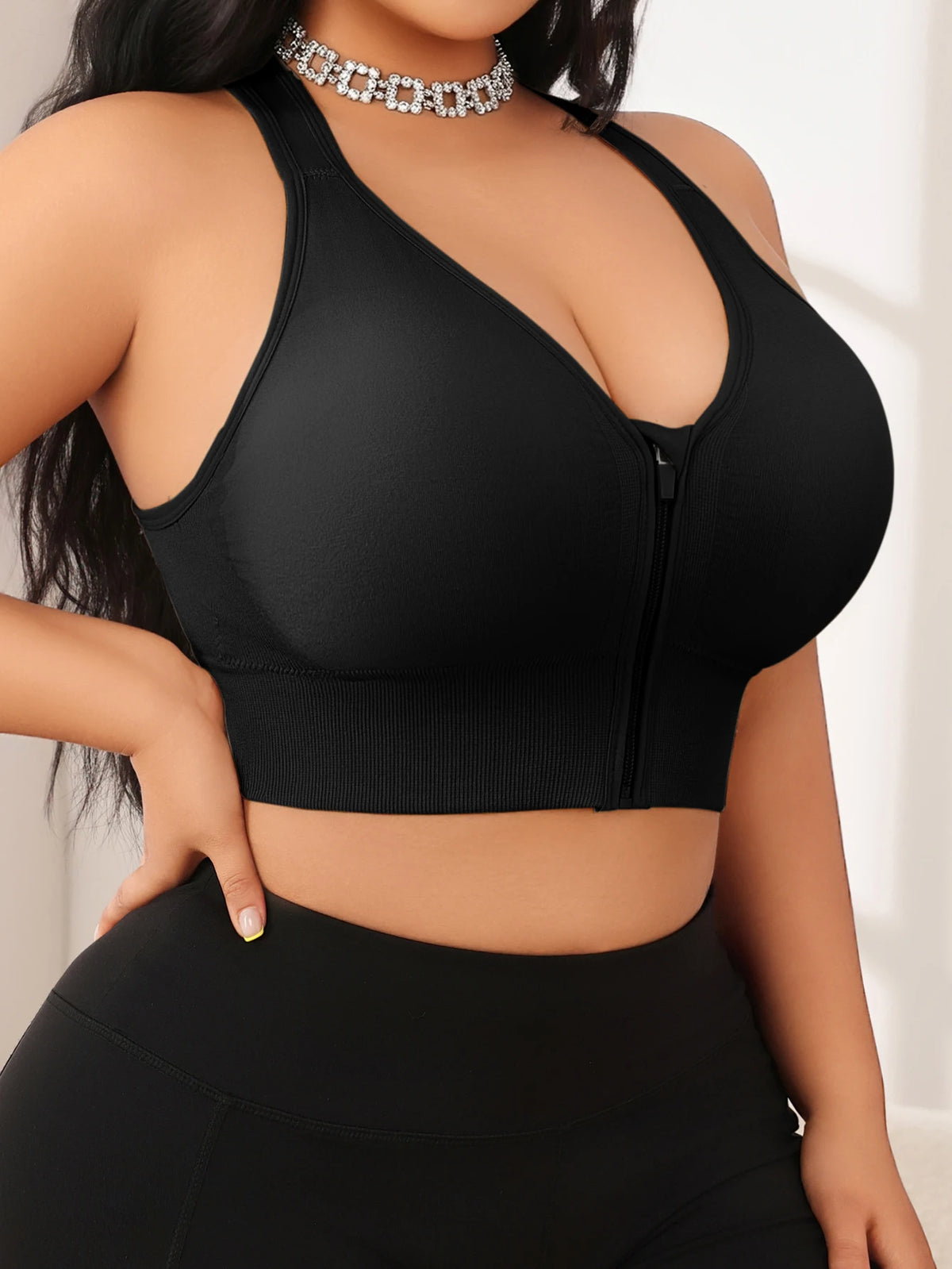 Women's Bra Plus Size Zip Front Yoga Sports Bra, X-Back Wirefree Removable Pads 1XL-4XL
