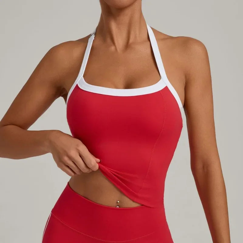 Women's Seamless Yoga Tank Top - Adjustable HALTER Neck & Quick-Dry Fitness Shirt Color Block Running Sports Gym Workout Top