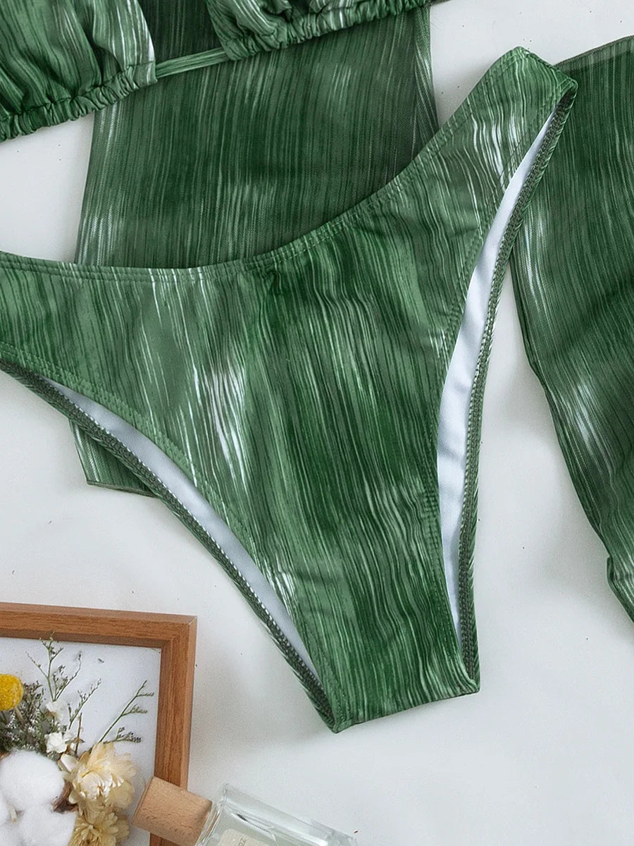 4PCS With Mesh Sheer Sarong Long Sleeve Bikini Female Swimsuit Women Swimwear Four-pieces Bikini Set Bathing Suit Swim Beachwear