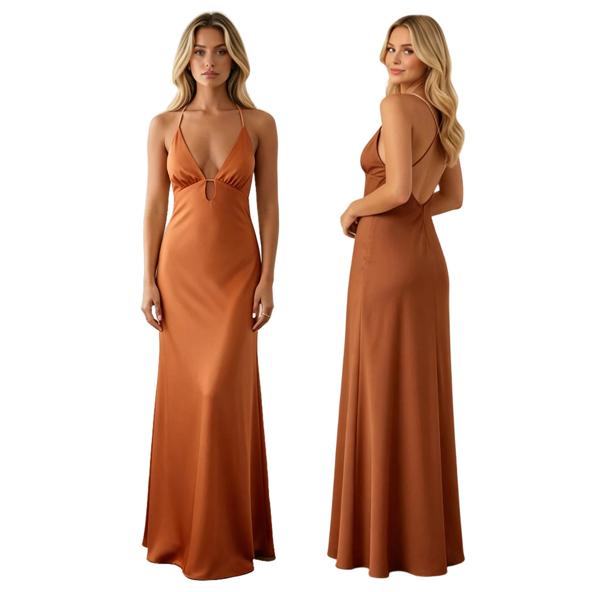 Summer Women's Satin Long Dress Spaghetti Strap Sleeveless V Neck Cutout Slim Fit Elegant Dress for Party Evening Solid Color