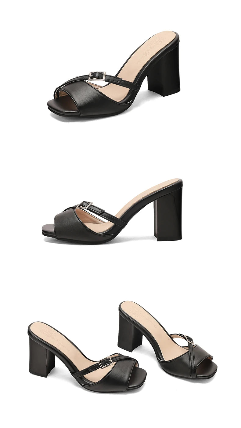 Summer New Fashion Open Toe Solid Color Simple Leather Surface Versatile Color Large Slippers Square Heel Shoes Women