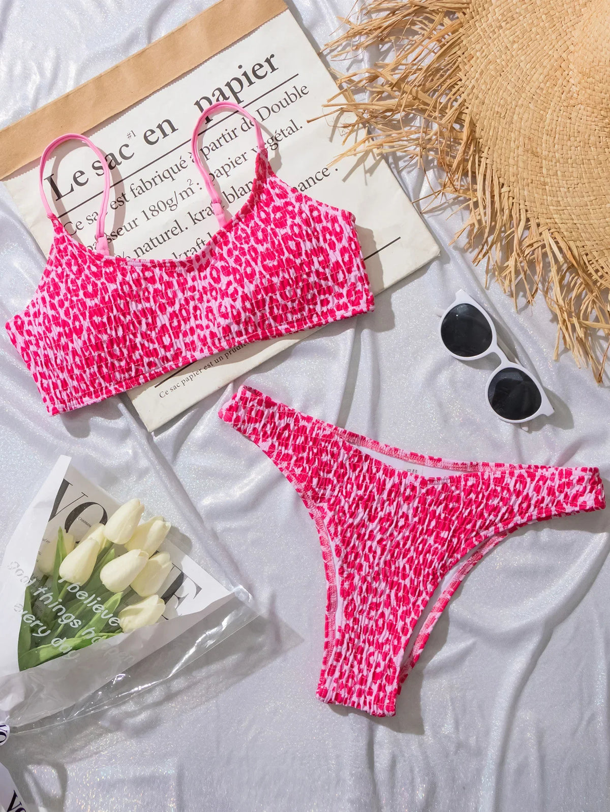 Sexy Wrinkled Bandeau Leopard Print Bikinis Sets Two Pieces Thong Swimsuits Beachwear Bathing Suit Swimwear Biquini