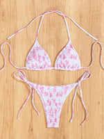 Blue Floral Print 2 Piece Micro Bikini Set for Women 2025 New Push Up Bra Thong Swimsuit Beach Bathing Suit Holiday Swimwear