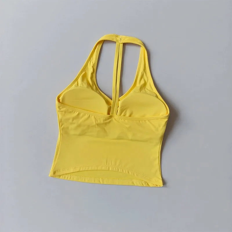Women's Summer V-Neck Yoga Sports Vest Hanging Back Neck Design Outdoor Running Training Gathered Fit Top for Active Wear