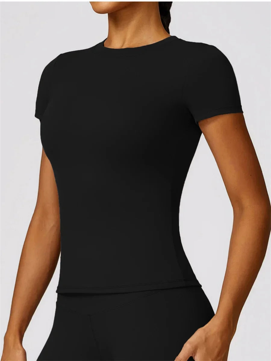 Yoga Shirts Women Summer Short Sleeve O Neck Sports Top Running Tee Quick Dry Pink Black Gym Fitness Workout T-Shirts Sportswear