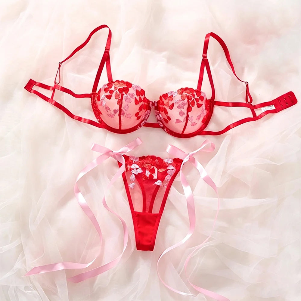 Romantic Honeymoon Lingerie for Women Red Mesh Heart Embroidery Sexy Transparent Underwear Half Cup Underwire Bra&Panty Set