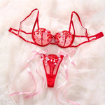 Romantic Honeymoon Lingerie for Women Red Mesh Heart Embroidery Sexy Transparent Underwear Half Cup Underwire Bra&Panty Set