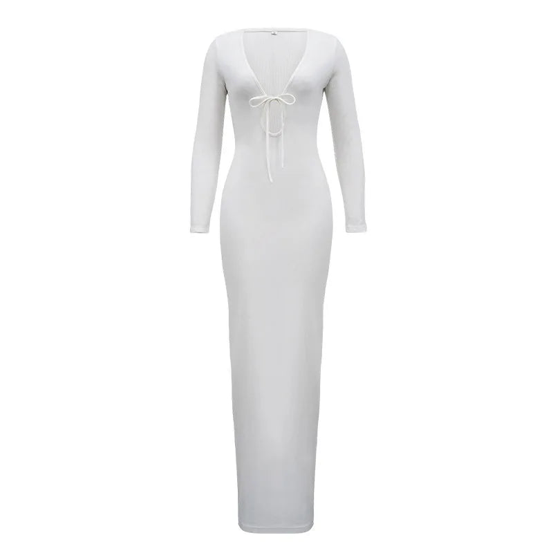 Trendy Solid Color Slim Long Dresses Women Sexy Deep V-neck Hollow Out Leace-up Package Hip Bodycon Party Dress Female Vestidos