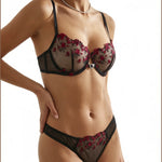 Black Red Rose Embroidery Lingerie Set Women Sheer Mesh Push Up Bra And Thong 2 Piece Sexy Transparent Lace Underwear ZA824026