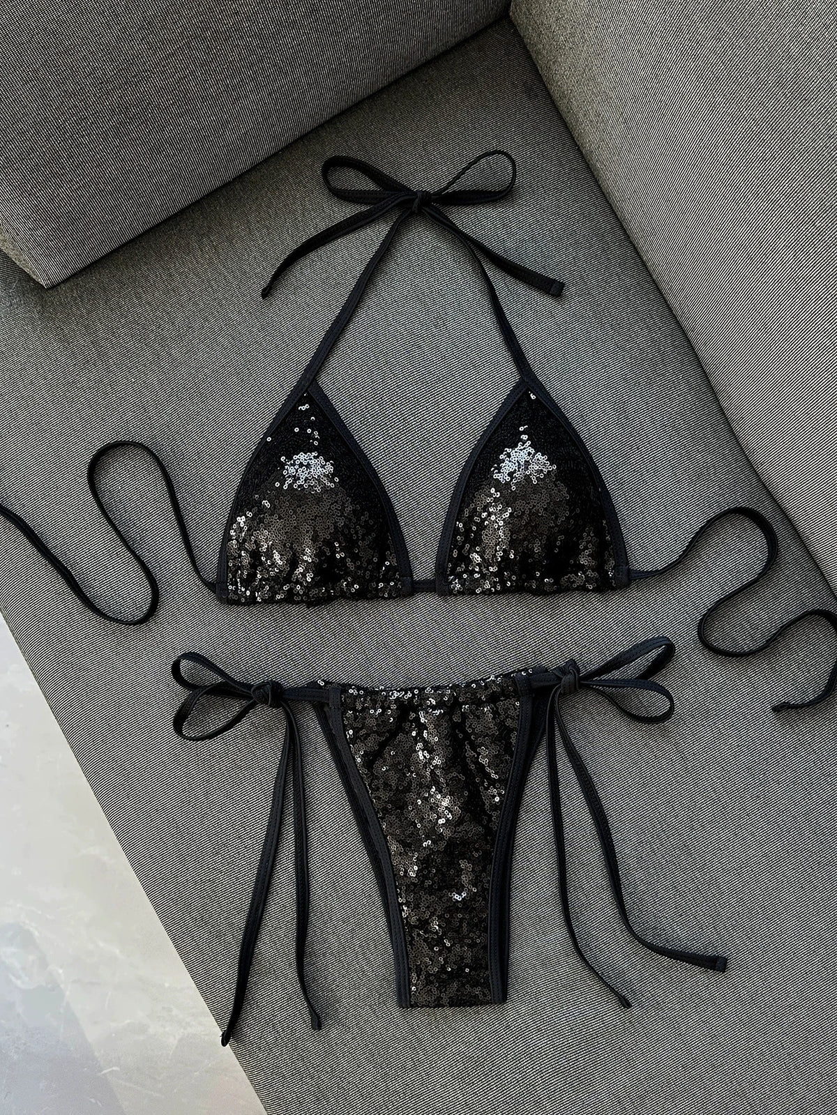DEKA Black Sequin Bikini Set Triangle Women Halter Push Up Bra Tie Side Thong Swimsuit 2026 Bathing Suit Holiday Micro Swimwear