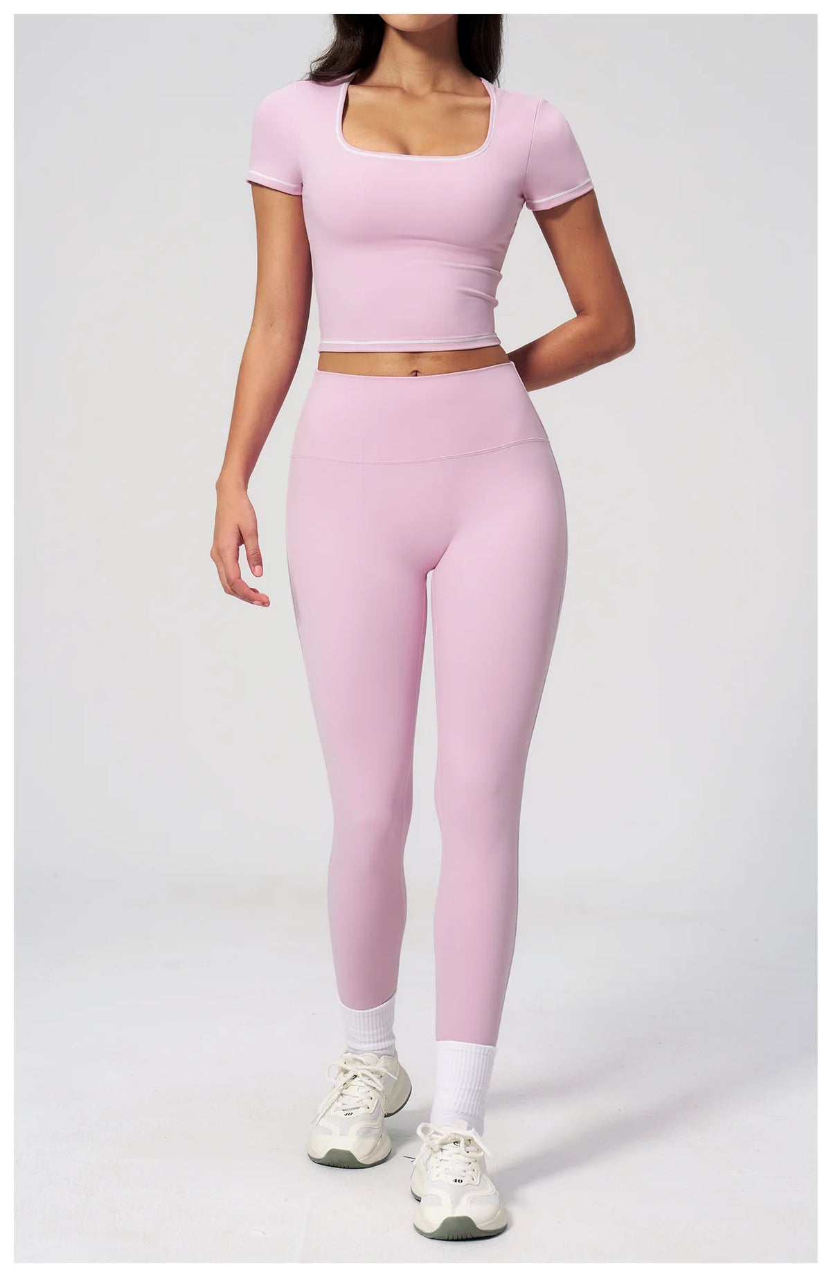2PC Color Contrast Yoga Suit Women Short Sleeve Square Collar Slim Sports Top Fitness Suits Outdoor Exercise Leggings Tracksuit