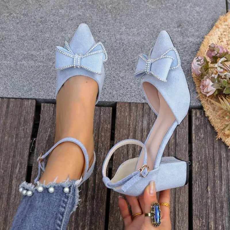 Women's Bowknot Ankle Strap Block Heel Pointed Toe Pumps for Wedding Party