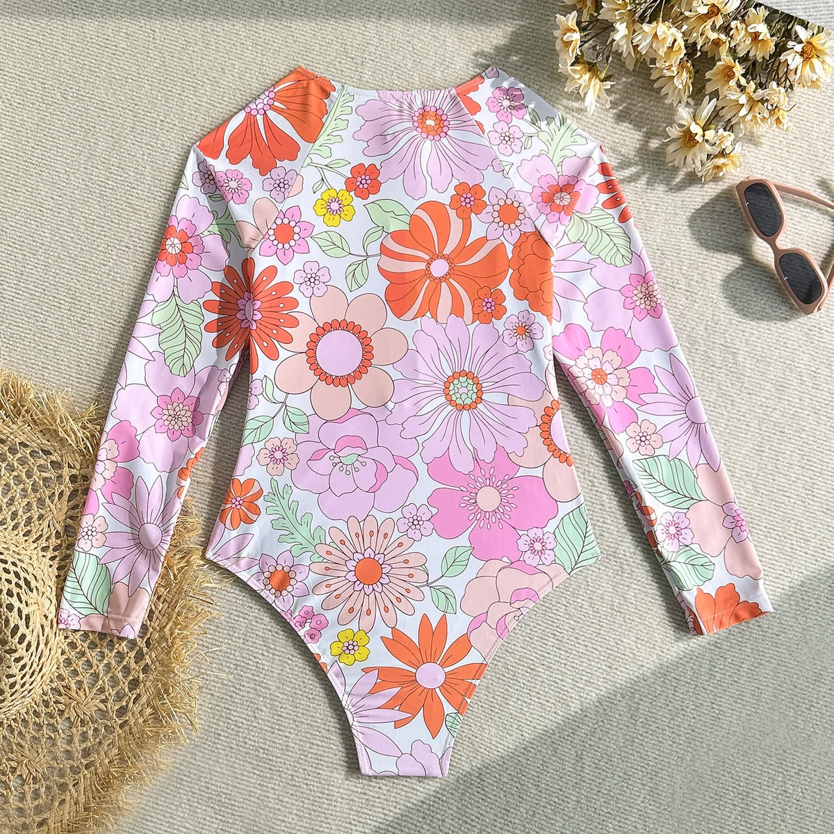 Pink Floral Print Surf Swimwear Women Front Zipper Long Sleeve Sunscreen Holiday One Piece Swimsuit Bathing Suit Monokini 2026