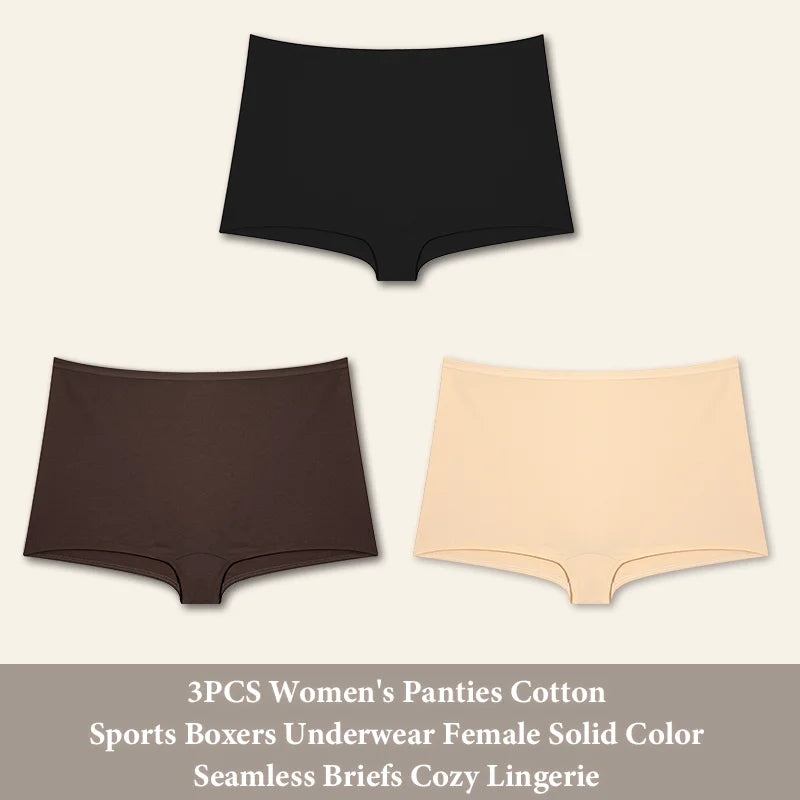 3PCS Women's Panties Cotton Seamless Sports Boxers Underwear Female Solid Color Briefs Cozy Lingerie Intimate Underpants XS-XL