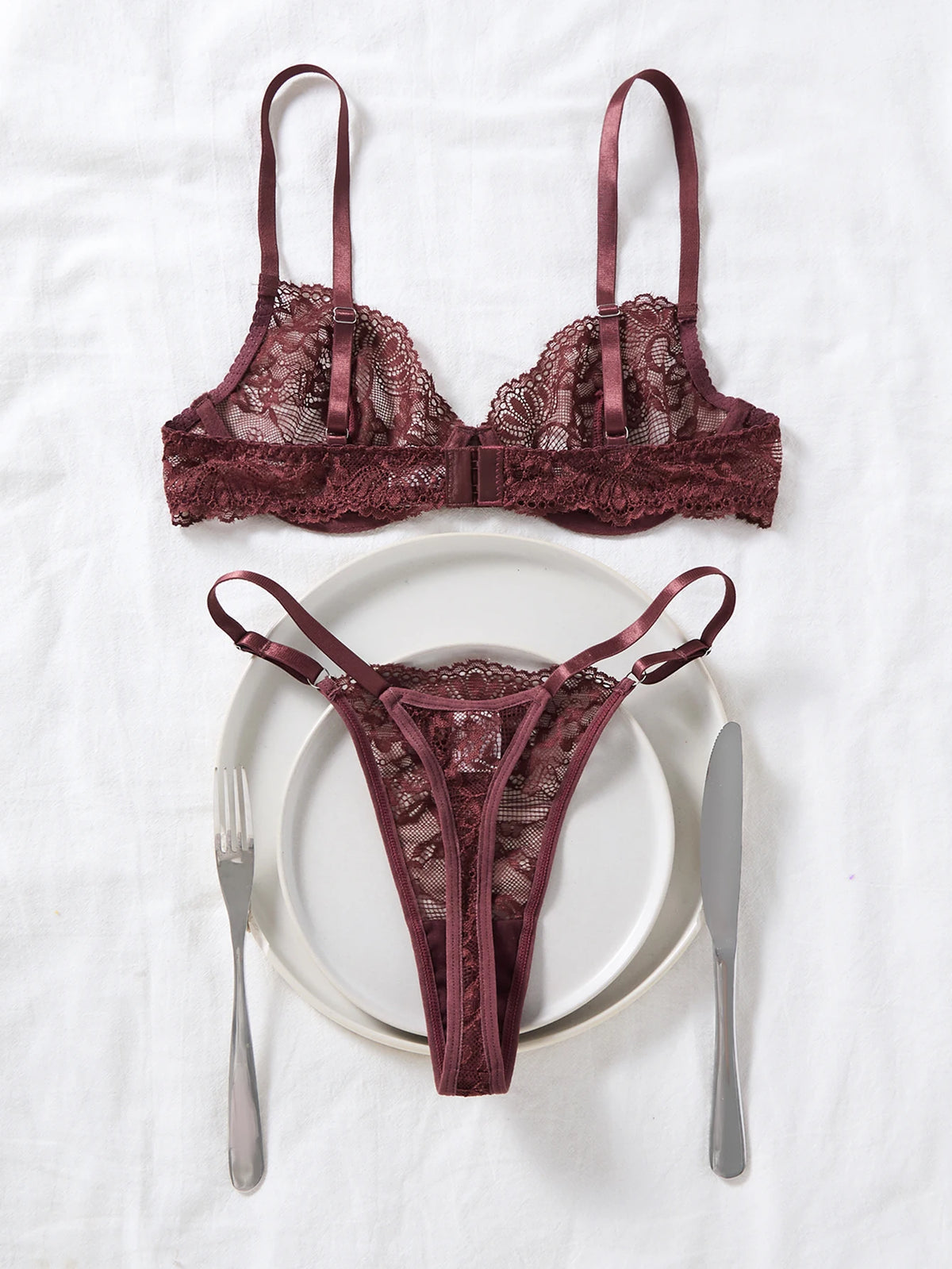 Deep Brown Lace Sexy Deep V Bra And G-string Transparent Hollow Design Women's Underwear Set Costume/Intimate Wear
