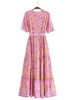 Foridol Single Breasted Bohemian Holiday Summer Women Dress Belt Casual Loose Maxi Floral Dress Short Sleeve Long Viscose Dress