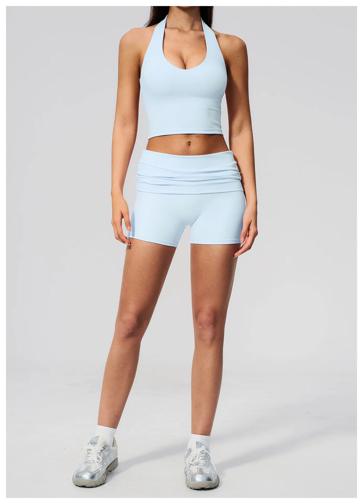 2PCS Yoga Set Women V-neck Cross Neck Shock-absorbing Sports Vest Workout Pleate Flip High Waist Shorts Gym Runing Fitness Suits