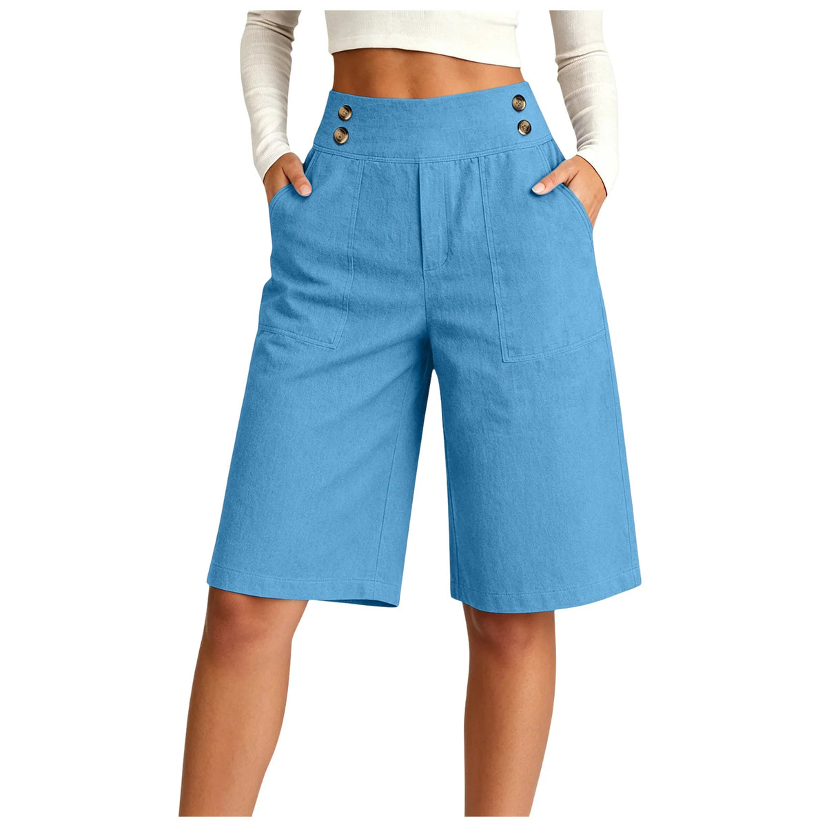Women's High Waist Cotton Linen Bermuda Shorts Double Breasted Wide Leg Casual Shorts With Pockets Loose Fit Office Summer Short