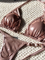 PU Leather Pearls Bikini Mini Micro Thong Bikinis Women Swimwear Female Swimsuit Two-piece Bikini Set Halter Bathing Suit Swim