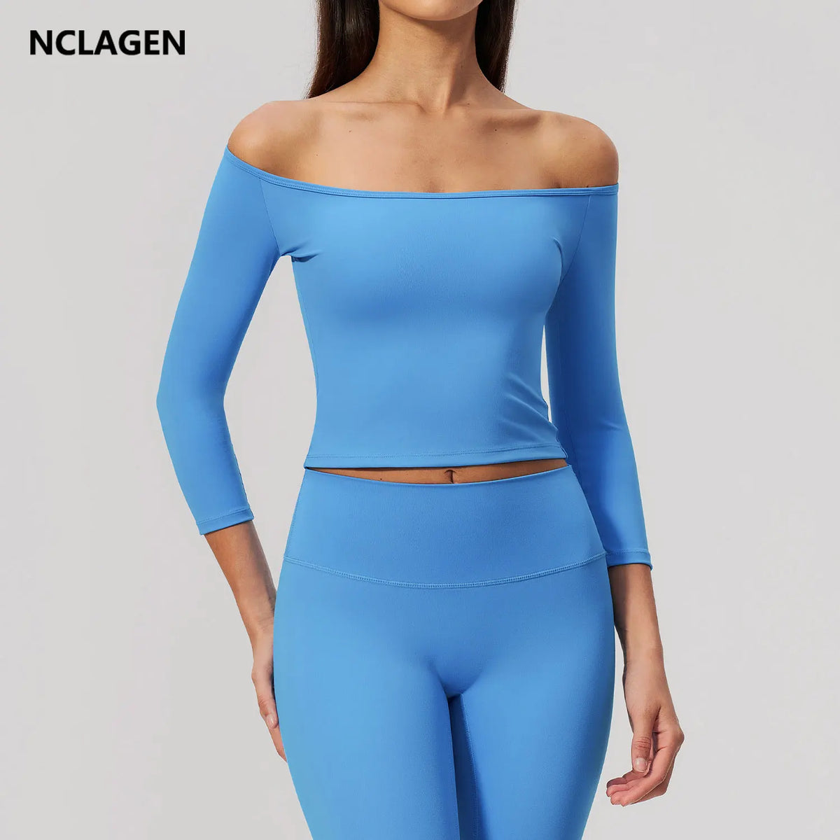 NCLAGEN Yoga Long Sleevetop Women Pilates Gym Clothes Quick Dry Cropped Compression 5/4 Sleeve Fitness Shirt Boat Neck‌ Crop Top