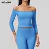 NCLAGEN Yoga Long Sleevetop Women Pilates Gym Clothes Quick Dry Cropped Compression 5/4 Sleeve Fitness Shirt Boat Neck‌ Crop Top