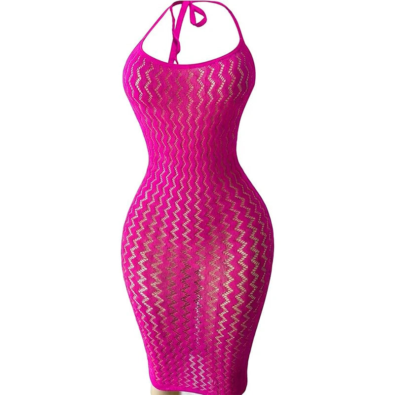 Fishnet Women Sexy Beach Cover Up Dress Women Stretch See Through Sleeveless without Bikini Swimsuit Coverup Mini Beachwea