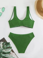 2026 Summer New Women's 2 Piece Swimsuit Solid Color High Waist Bikini Set V-neck Backless Beach Vacation Bathing Suit Swimwear