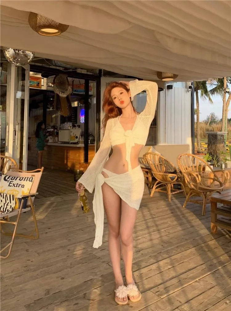 Sexy 4 Piece Lace Up Bikinis Set Women Swimsuit Solid Long Sleeve Cover Up with Skirt Swimwear New Push Up Bathing Suit Bikini