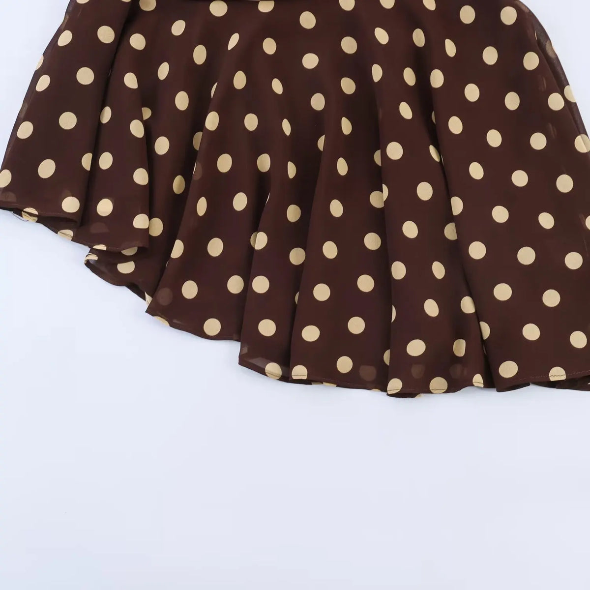 Women's Fashion Polka Dot Skirt Dark Brown Polka Dot Hem Skirt High Waist Ruffle Flowy Mini Skirt Casual Elegant Style S00Z