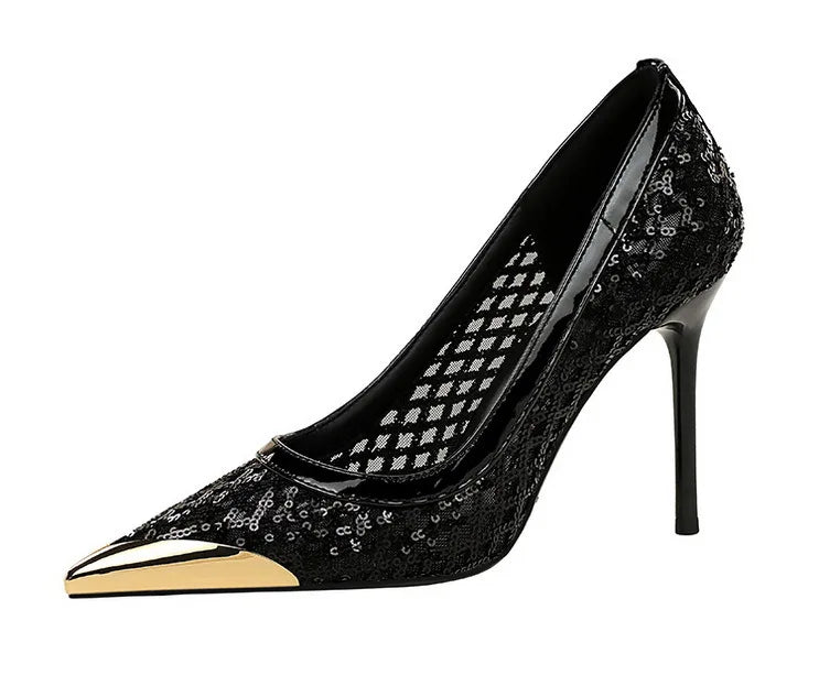 BIGTREE 2026 Fashion Metal Decoration Mesh Hollow Pointed Toe Woman Pumps Thin Heels Party Ladies Shoes Zapatillas De Mujer