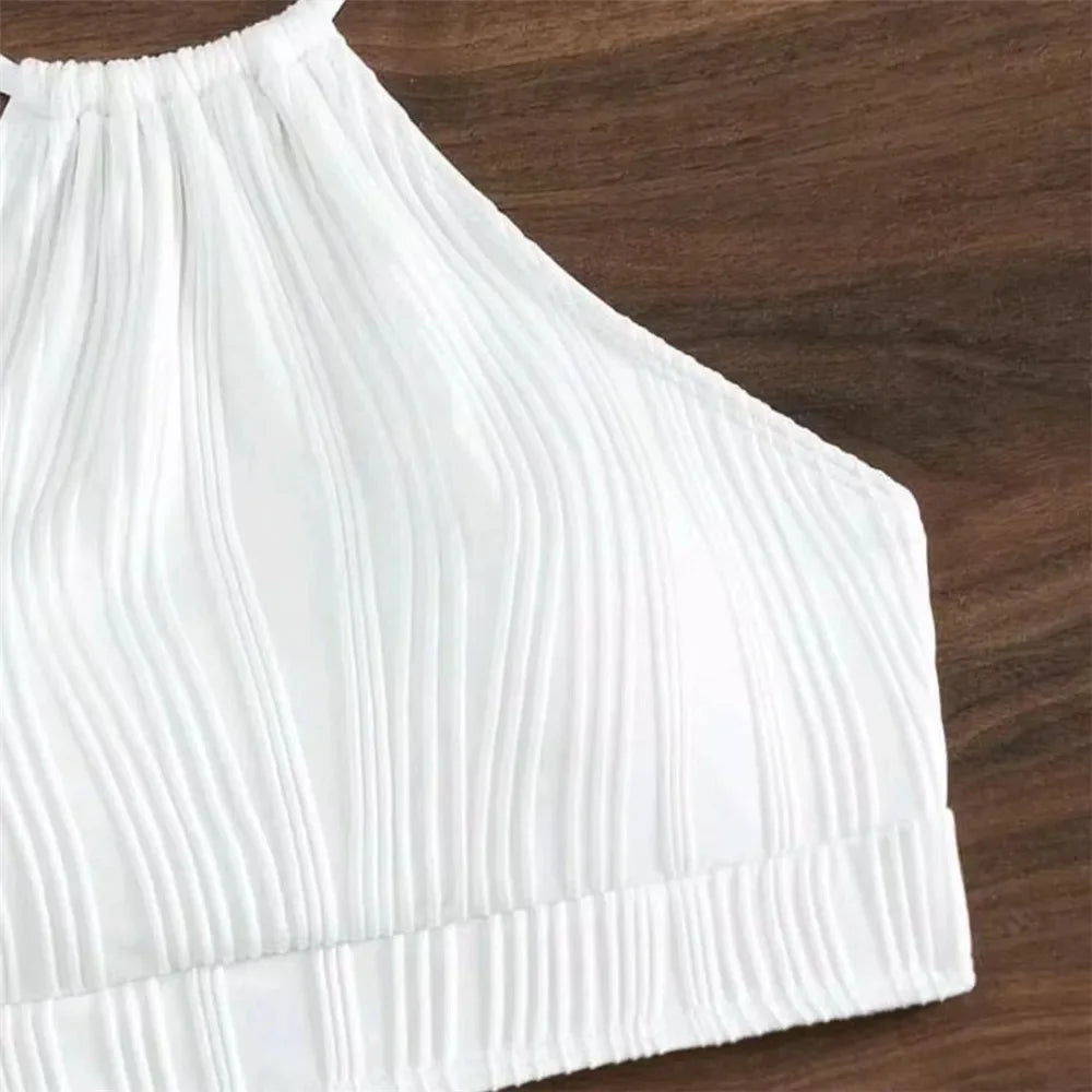 Sexy White High Waisted Bikini Set Women Ribbed Swimwear Push Up Swimsuit Halter Backless Crop Top Back Hollow Out Bathing Suit