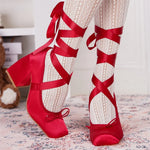 2026 Big Size 43 Cute Red Lolita Ankle Wrap Pumps Sweet 9cm Square High Heels Gothic Cosplay Ballet Style Mary Janes Shoes Women
