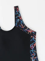 Women One-piece Sports Swimsuit Professional Training Athletic Boyleg Bathing Suit Printed Swimwear Patchwork Beach Wear Blue