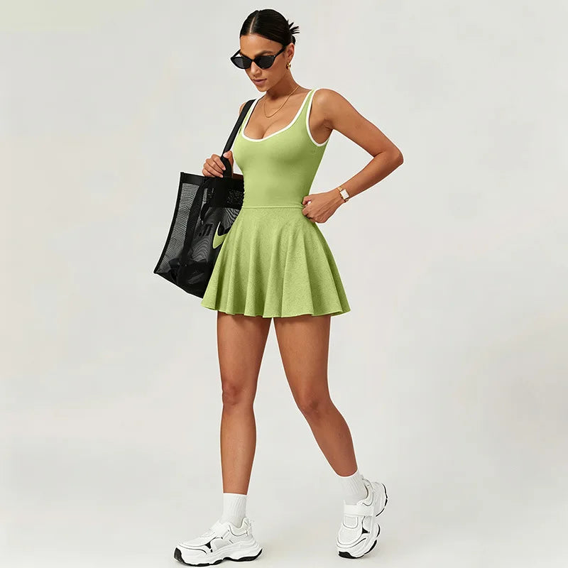 Naked Breathable Tennis Dresses with Built-in Pocket Shorts Women Color Contrast Hollow Out Backless Sports Golf Pleate Dress