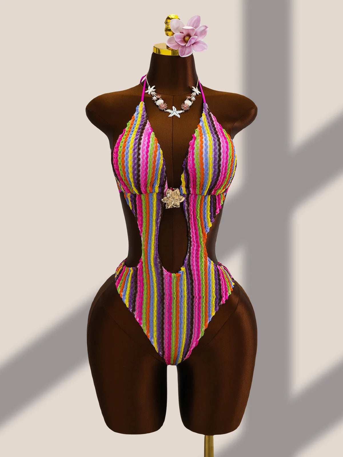 Vintage Black Striped One Piece Swimwear Women 2026 3D Metal Flower Hollow Out Backless Beach Holiday Bathing Suit Swimsuit