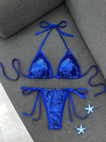 Shiny Sequin Blue Bikini Set 2026 Women Sexy Halter Push Up Bra Bandage Thong Swimsuit Beach Bathing Suit Hoiday Micro Swimwear