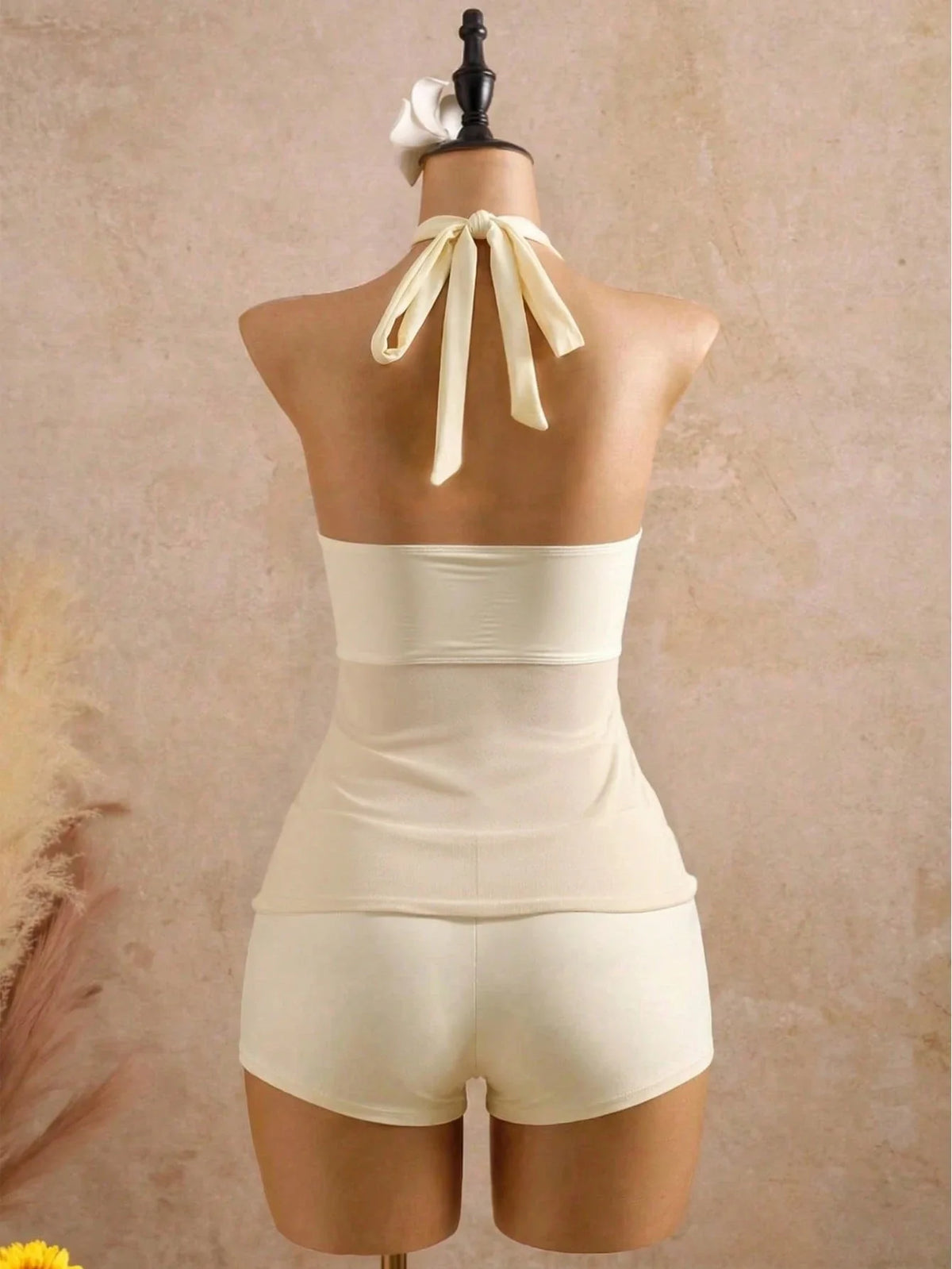 Sexy Beige Two Piece Bikini Set 2026 Women Metal Sun Ornament Mesh Tank Top High Waist Swimsuit Holiday Bathing Suit Swimwear