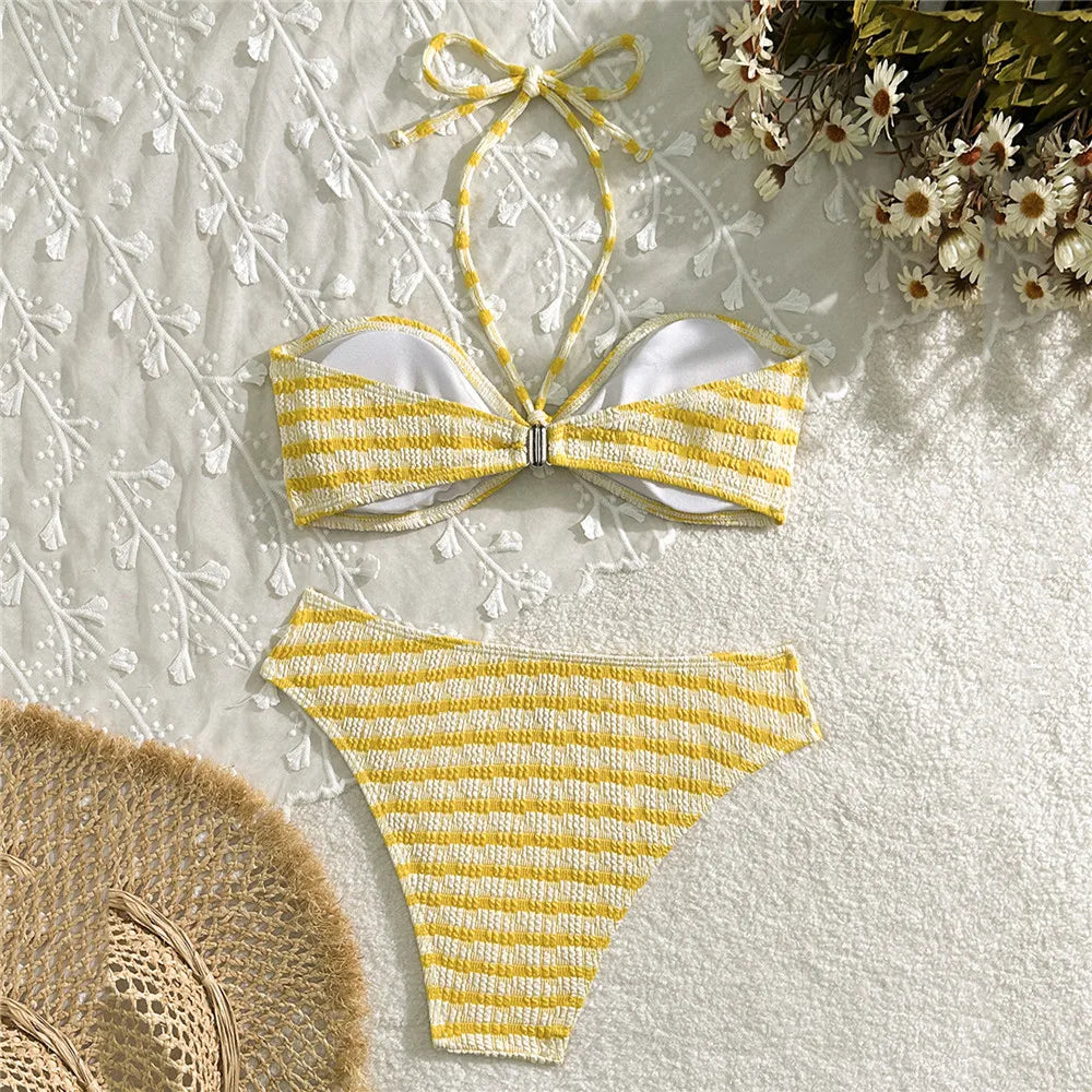 Striped Print String Halter Bandeau Bikinis Sets 2026 Sexy Swimsuit Women Ruched Swimwear Bathing Suit Brazilian Bikini Mujer