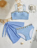 New Shell Starfish 3 Pieces Bandeau Bikini Set Swimsuit Women Blue Swimwear with Sarong Skirts Swim Dress Beachwear Bathing Suit