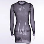 Women Mesh Dress Spring Autumn Sexy Sheer Mesh Long Sleeve Package Hip Sheath Dress Lady Sexy Club Body Wrap Mini Short Vestidos