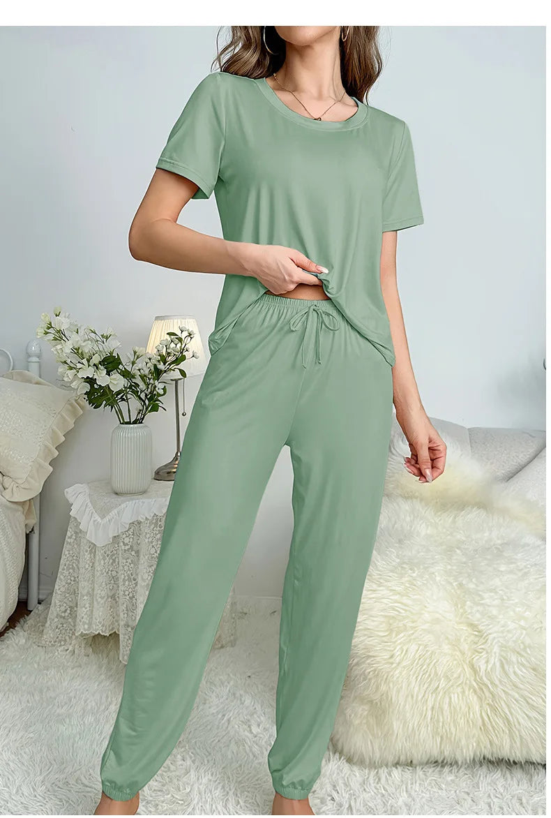 Women's Sleepwear Spring and Summer New Pajamas Women's Short-sleeved Trousers Set Classic Solid Color Casual Loungewear